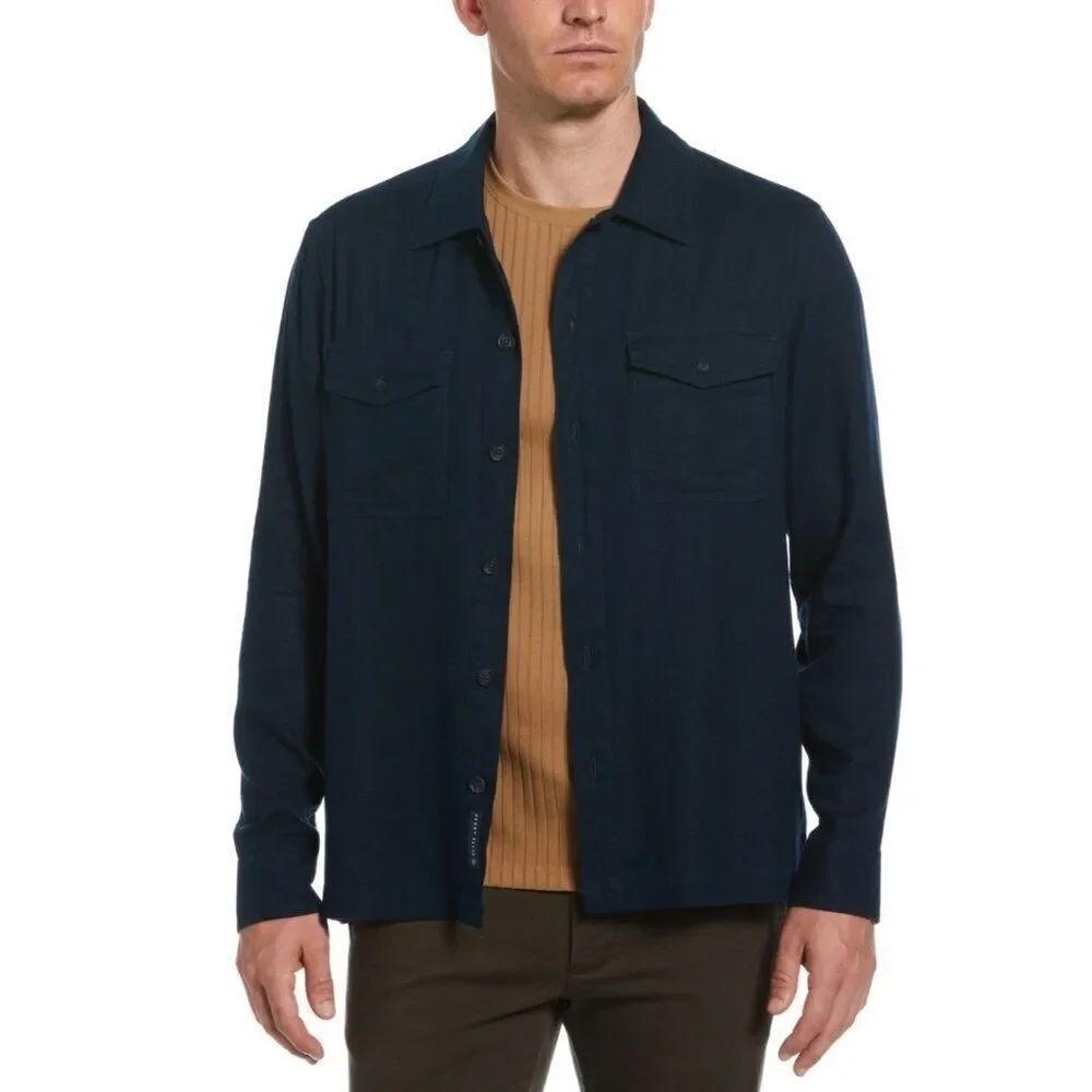NWT Perry Ellis Blue Slim Fit Long Sleeve Button Front Twill Shirt Jacket Medium
